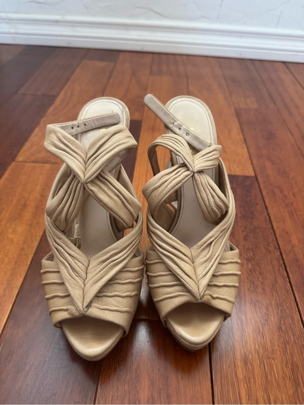 Prada Tan Knotted Leather Heeled Sandals